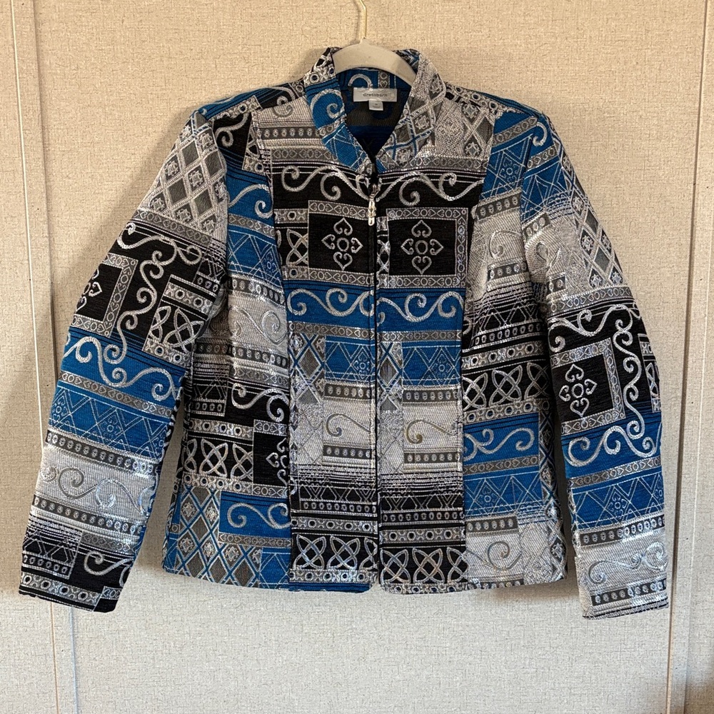 Dressbarn Womens Tapestry Blazer M Black Blue Silver Geometric Statement Artsy